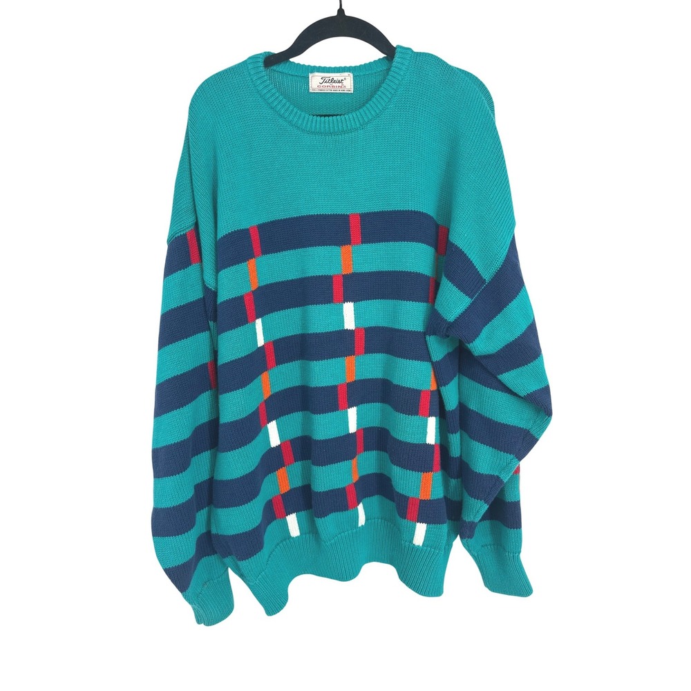 Vintage Titleist Corbin Men XL Teal Striped Geometric Knit Crewneck Golf Sweater